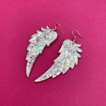 Load image into Gallery viewer, Large Angel Wing Earrings - Silver Chunky Glitter
