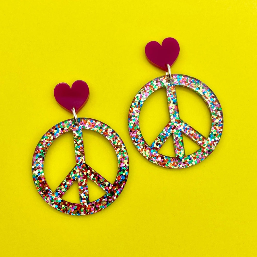 Peace Sign earrings - Rainbow Glitter