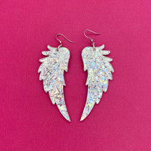 Load image into Gallery viewer, Large Angel Wing Earrings - Silver Chunky Glitter
