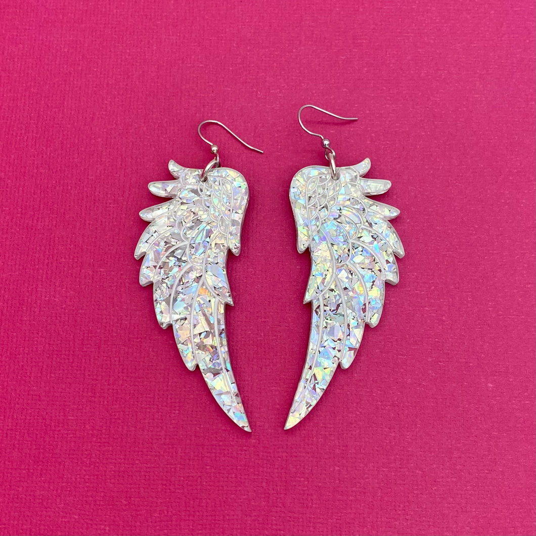 Large Angel Wing Earrings - Silver Chunky Glitter