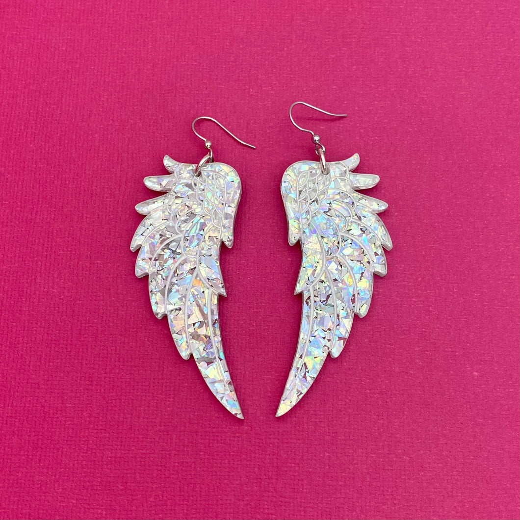 Large Angel Wing Earrings - Silver Chunky Glitter