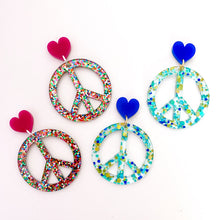 Load image into Gallery viewer, Peace Sign earrings - Rainbow Glitter
