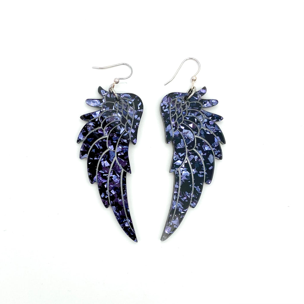 Large Angel Wing Earrings - Charcoal Chunky Glitter