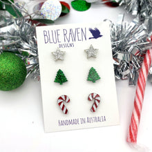 Load image into Gallery viewer, Green Tree Glitter stud earrings

