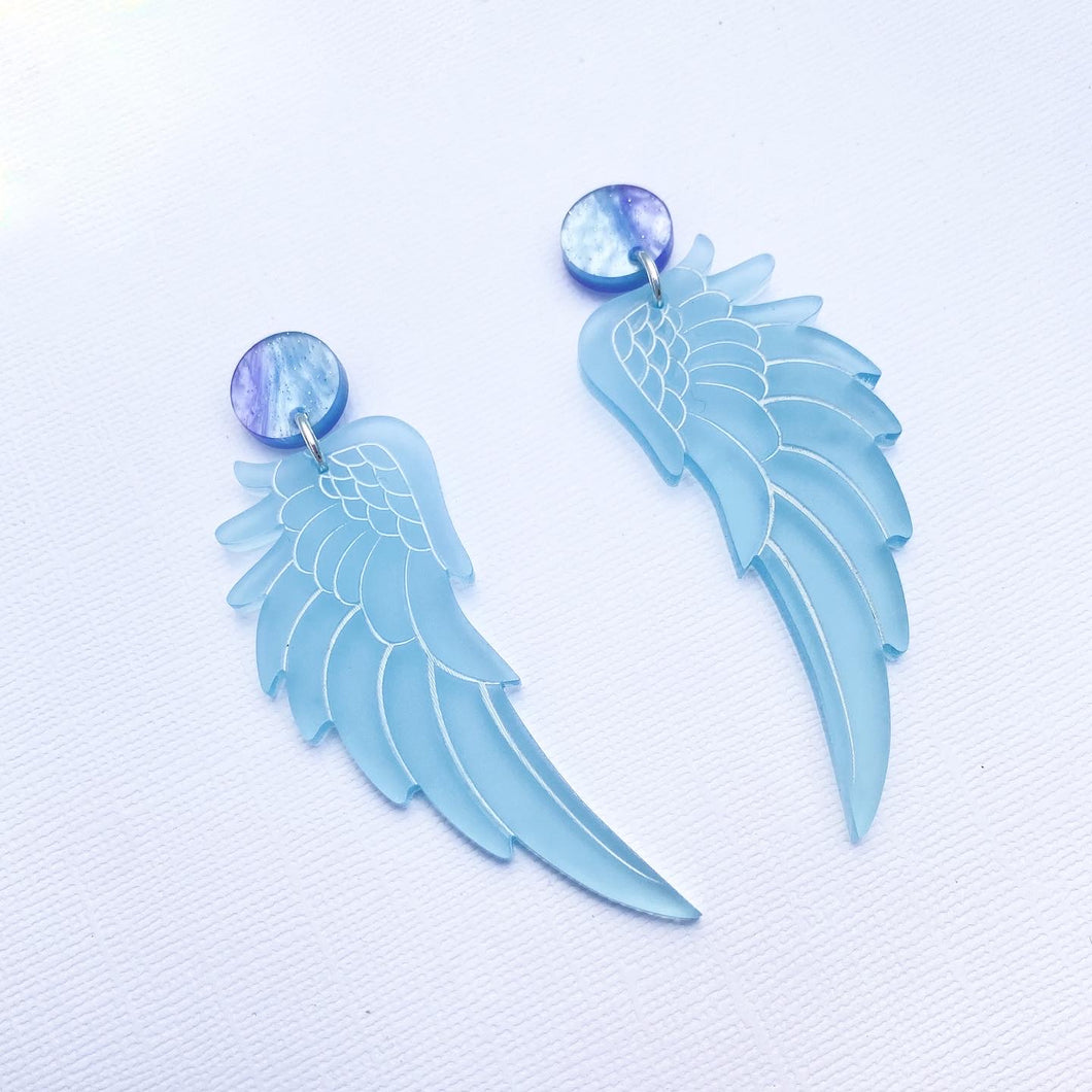 Large Angel Wing Earrings - Frosted Baby Blue