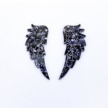 Load image into Gallery viewer, Angel Wing Statement Studs - Charcoal Chunky Glitter

