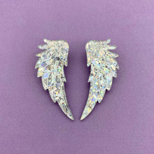 Load image into Gallery viewer, Angel Wing Statement Studs - Silver Chunky Glitter
