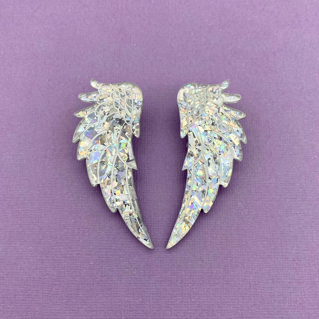 Angel Wing Statement Studs - Silver Chunky Glitter