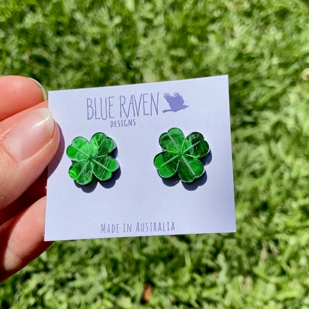 Four Leaf Clover studs - Green Marble (large)